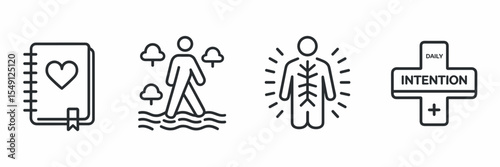 vector icon set of mindfulness activities with journal heart walking and daily intention