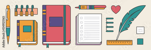 Vector icon sheet of journaling tools including notebook, pen, diary, quill, and bullet journal