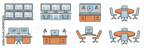 minimalist vector icons of co-working spaces with shared desks laptops and meeting tables