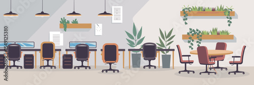 vector illustration of co-working space with shared desks hot-desking area and meeting zone