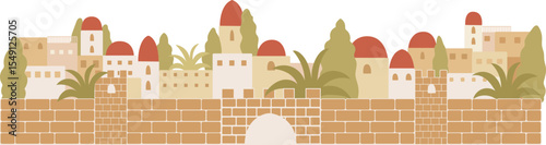 christian vector of an old biblical town, featuring desert landscape, ancient homes, and temple-like buildings, suitable for educational graphics, stories, and children’s religious illustrations