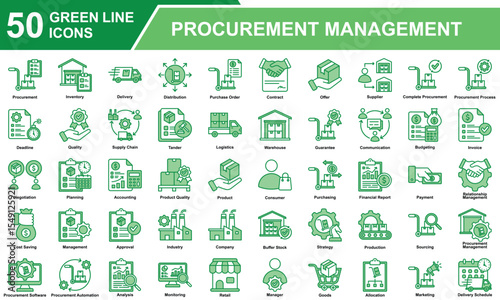 Procurement Management  Icon Set Collection. Containing Procurement, Management, Supply Chain, Purchasing, Sourcing, Inventory, Logistic, Allocation, Distributor. Simple Green Line Vector Illustration