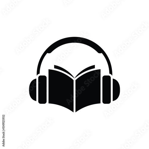 Audiobook concept Headphones surrounding an open book in black and white