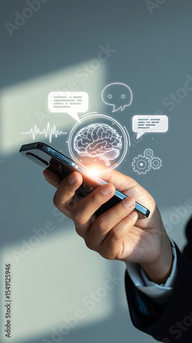 Smartphone-based AI assistant interface showing neural data and digital chatbot network