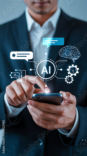 Businessman using AI-powered assistant app on mobile phone, managing communication workflow