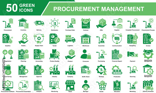 Procurement Management  Icon Set Collection. Containing Procurement, Management, Supply Chain, Purchasing, Sourcing, Inventory, Logistics, Allocation, Distribution.  Simple Green Vector Illustration.
