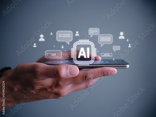 Man presenting AI visual interface with virtual holographic buttons and head scan panel