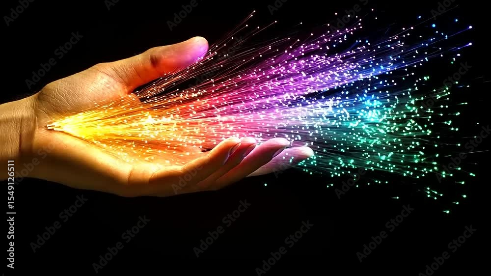 Hand releasing vibrant, colorful light particles against a dark background, symbolizing creativity and innovation