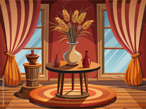 vector of Beautiful interior design in brown color. A wooden table with two brown vases with dried flowers on a small round table designed with a brown curtain