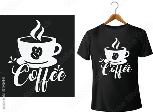 Artistic coffee design featuring a cup of coffee and coffee beans presented on a t-shirt