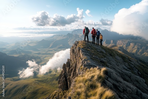A group of climbers stands on a jagged cliff, enjoying spectacular views from the Drakensberg Mountains.