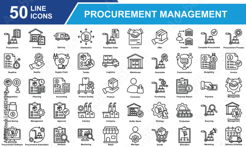 Procurement Management  Icon Set Collection. Containing Procurement, Management, Supply Chain, Purchasing, Sourcing, Inventory, Logistics, Allocation, Distribution.  Simple Line Vector Illustration.