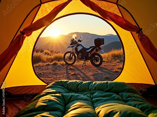 Adventure motorcycle at sunrise seen from inside a camping tent on a grassy hill