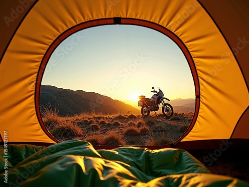 Adventure motorcycle at sunrise seen from inside a camping tent on a grassy hill