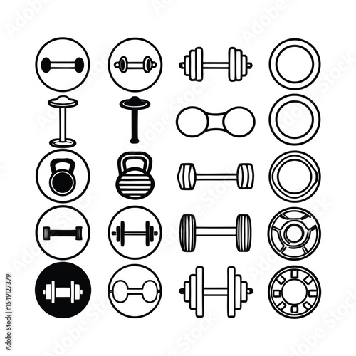 Collection of fitness equipment icons outlined in black and white for gym workouts