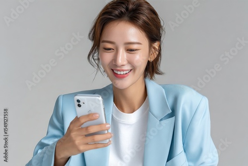 Happy young woman with short brown hair wea light blue blazer and white t-shirt using smartphone smiling excitedly at screen indoors photo