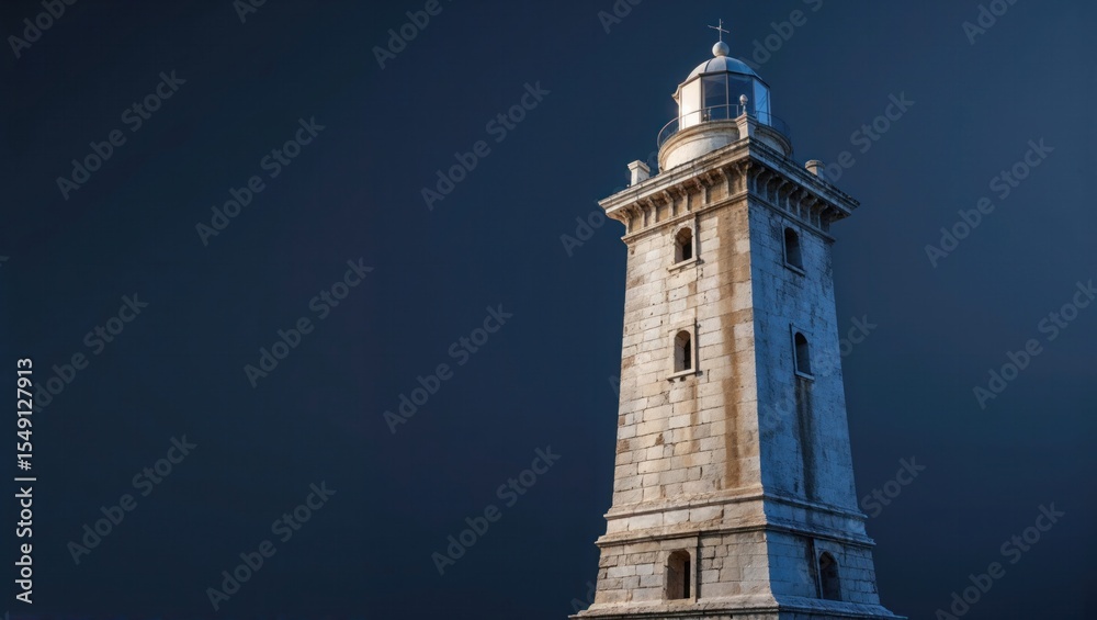 Fototapeta premium Rising lighthouse against blue sky with lantern room and cross-shaped weather vane, copy space