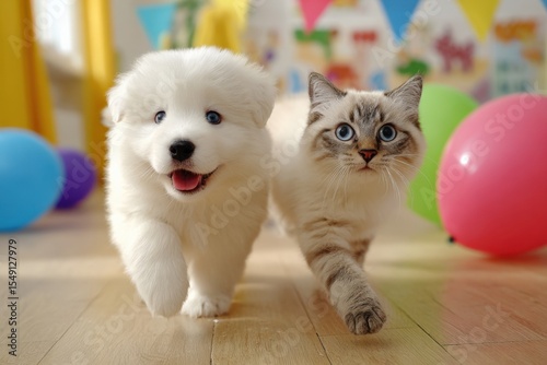 Adorable fluffy white puppy and curious Siamese kitten playing together in colorful party room with balloons and cheerful background