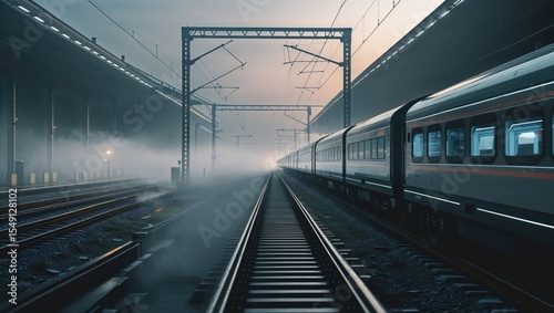 Waiting passenger train idling on platform at dawn, with fog, steel tracks and gantries, copy space photo