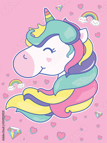 Close up Unicorn with the love and rainbow Vector 