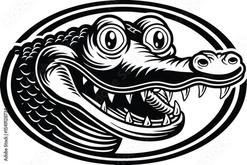 Cartoon alligator head roars wildly with oversized eyes, showcasing black and white contrast boldly