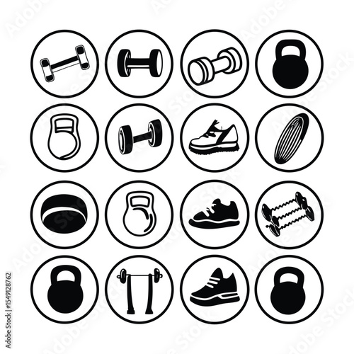 Fitness and gym equipment icons in black and white circles for workout themes