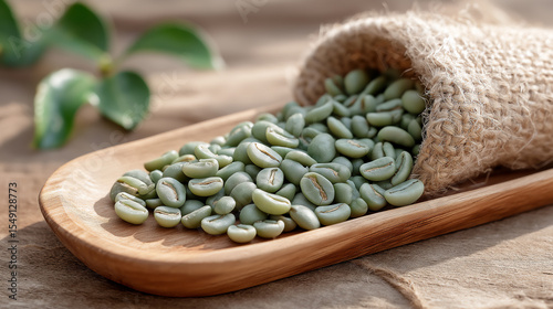 freshly picked green coffee beans on rustic wooden tray.