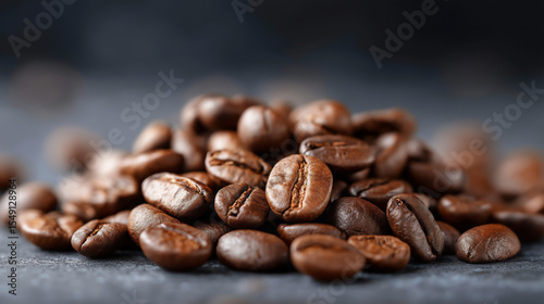 roasted coffee beans on dark textured surface.