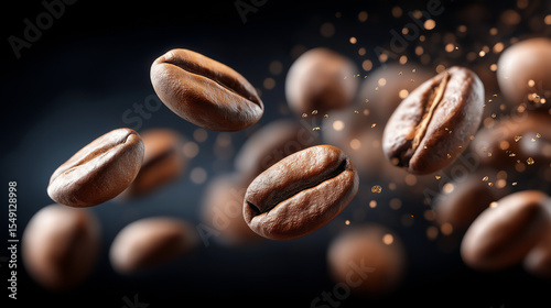 coffee beans falling in motion.