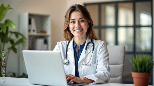 A female doctor in a crisp white lab coat and stethoscope sits at a clean modern desk, actively working on a laptop.