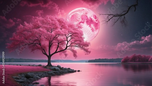 Pink Moon Rises Over Still Lake