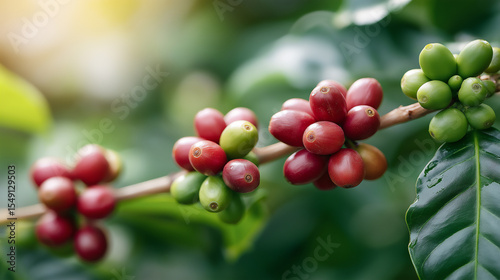 ripe coffee cherries on robusta coffee plant.