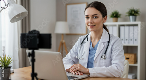 A female doctor in a crisp white lab coat and stethoscope sits at a clean modern desk, actively working on a laptop.