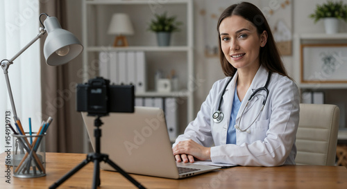 A female doctor in a crisp white lab coat and stethoscope sits at a clean modern desk, actively working on a laptop.