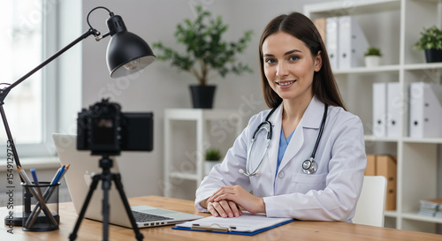 A female doctor in a crisp white lab coat and stethoscope sits at a clean modern desk, actively working on a laptop.
