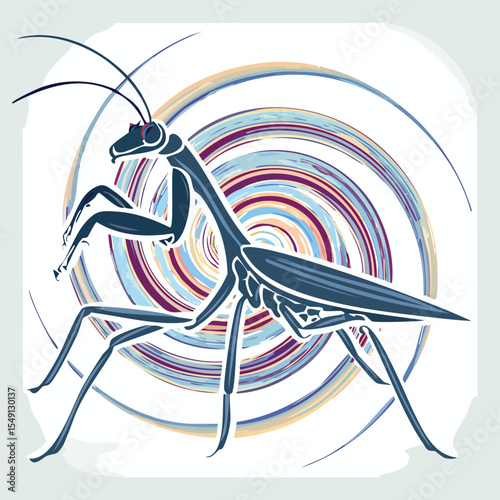 Praying Mantis in a Whimsical Scene with Vibrant Swirl Motions All Around.