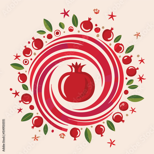 Pomegranate in a Whimsical Scene with Vibrant Swirl Motions All Around.