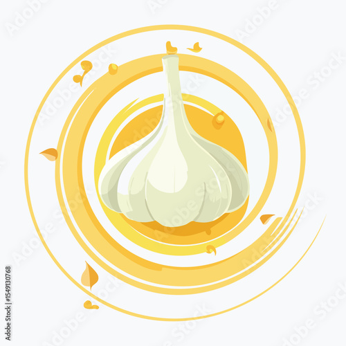 Garlic in a Whimsical Scene with Vibrant Swirl Motions All Around.