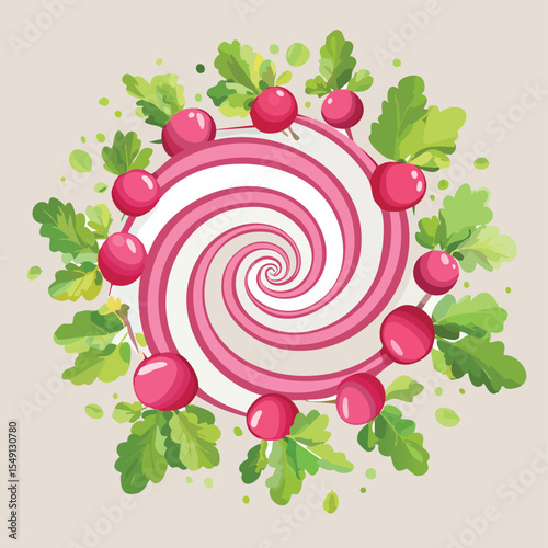 Radish in a Whimsical Scene with Vibrant Swirl Motions All Around.
