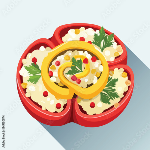Stuffed Peppers in a Whimsical Scene with Vibrant Swirl Motions All Around.