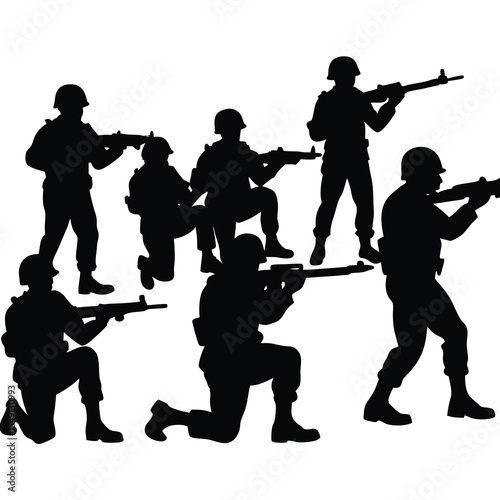 Silhouette depiction of multiple armed soldiers in various combat positions and poses