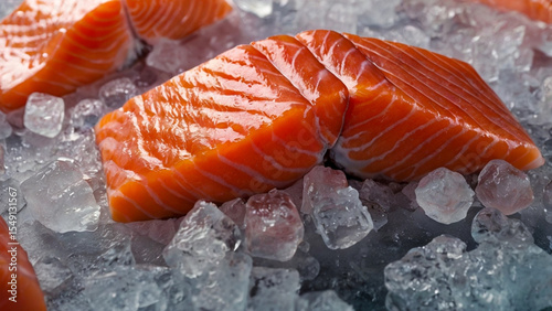 Fresh Salmon Fillet on Crushed Ice Close-Up