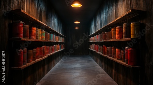 An intimate and rustic hallway lined with shelves of vintage cans showcases the charm of aged materials and evokes nostalgia in a warm  inviting environment.