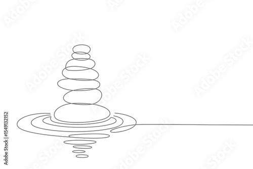 Minimalist line art of a balanced stone stack with water reflection