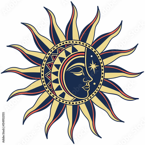 silhouette of the sun. A medieval symbol of the sun with many rays. Astrological symbol. Vector illustration in art deco style.