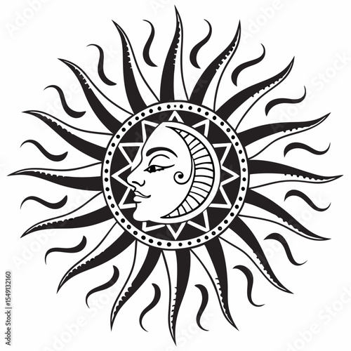 silhouette of the sun. A medieval symbol of the sun with many rays. Astrological symbol. Vector illustration in art deco style.