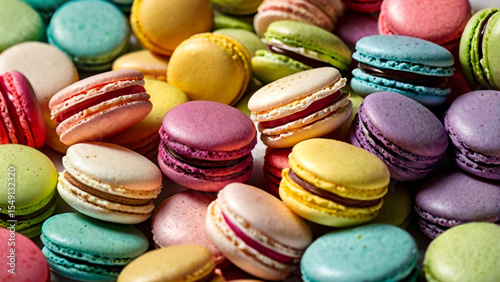 Variety of colorful macarons placed tightly together. Delicious and playful candy texture.
