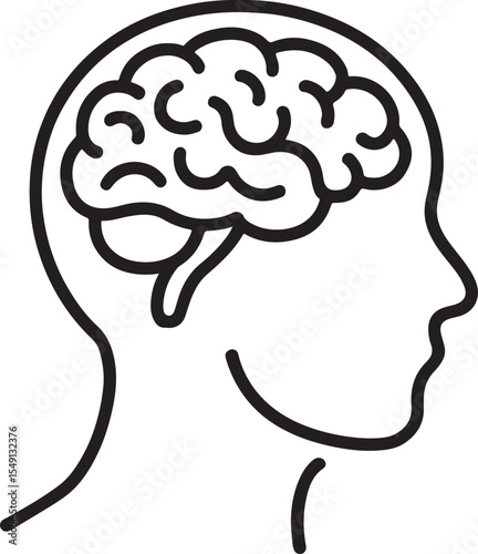 Minimalist Human Head Outline with Brain Illustration Symbolizing Cognitive Functionality and Thought Processes, Perfect for Psychology or Neuroscience Concepts