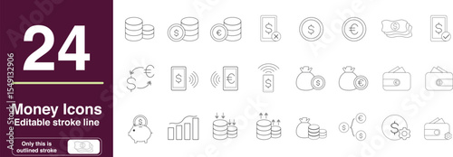 Set of Money Related Vector Line Icons. Contains such Icons as Wallet, stack of coins, Bundle of Money, piggy bank with a Coin, money exchange and more. Editable Stroke