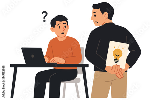 Stealing idea concept illustration. A man stealing idea of another man flat vector illustration
